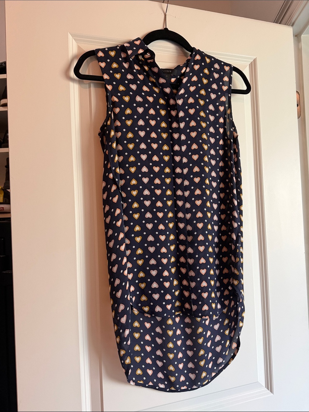 J.Crew Navy Sleeveless Blouse with Pink & Gold Heart Print